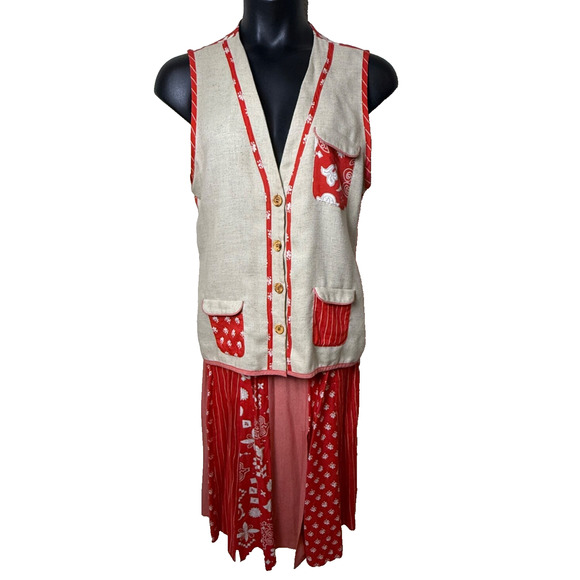 Jo Hardin Sz 10 Vtg 2 Pc Vest Skirt Set Orange Floral Linen Rayon Boho Patchwork - Picture 1 of 16